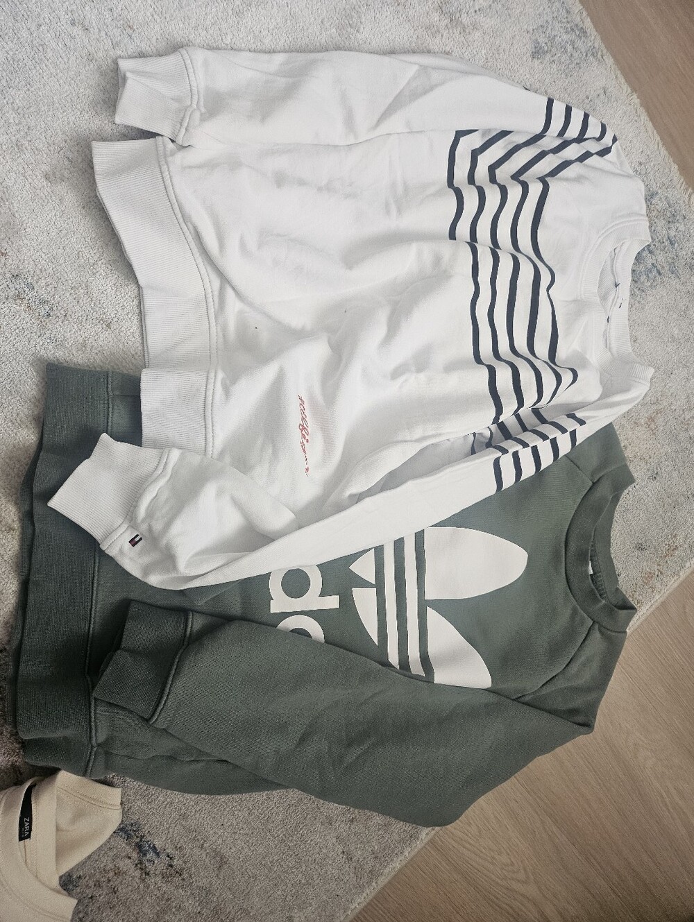 Bundle- Tommy Hilfiger White Striped Crewneck & Adidas olive Green Swestshirt